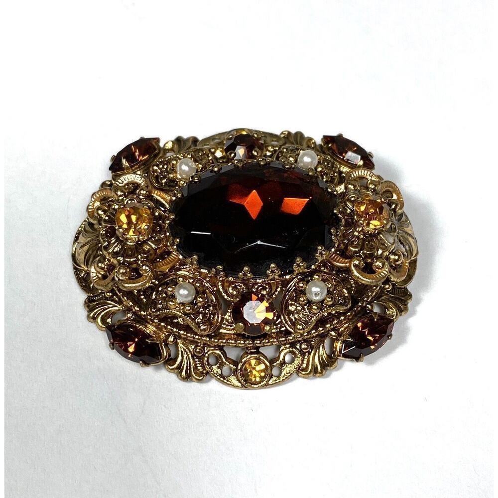 GERMANY Brooch Vintage Large 3D Brown Crystals Gold Tone Marked Estate